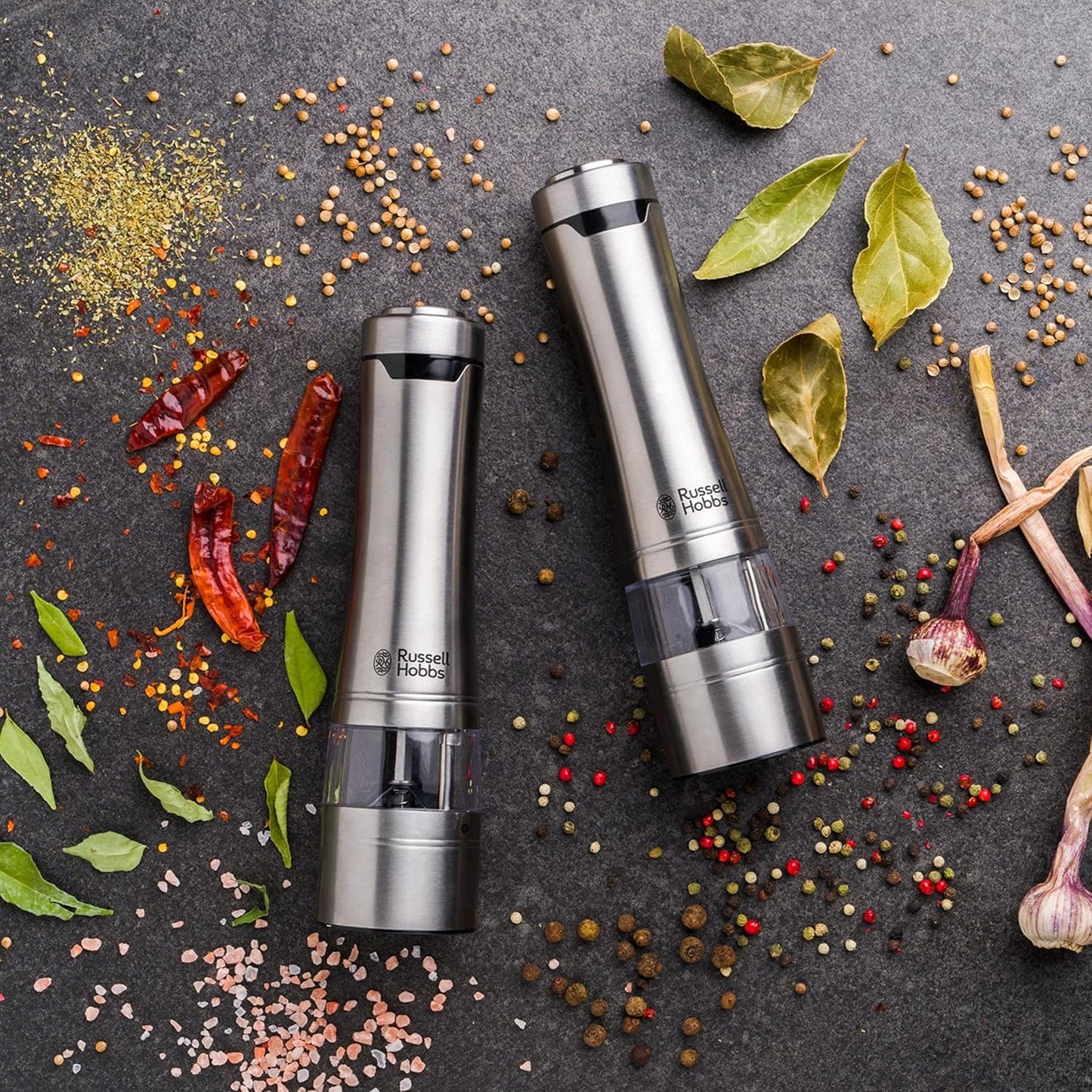 Russell Hobbs 2PCS Electric Salt and Pepper Grinder | Herb Spice Shaker Set Automatic Grinding Herb
