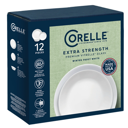 Corelle 12 Piece Dinner Set | 4 Person Plates Bowls Dinnerware | Classic Lightweight Microwave Fridge Safe