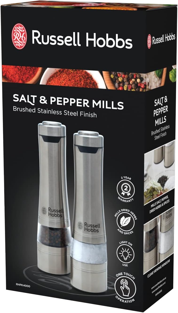 Russell Hobbs 2PCS Electric Salt and Pepper Grinder | Herb Spice Shaker Set Automatic Grinding Herb