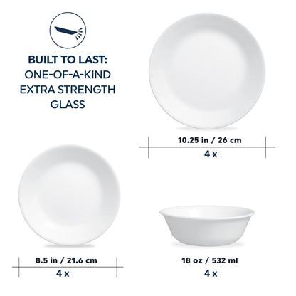 Corelle 12 Piece Dinner Set | 4 Person Plates Bowls Dinnerware | Classic Lightweight Microwave Fridge Safe
