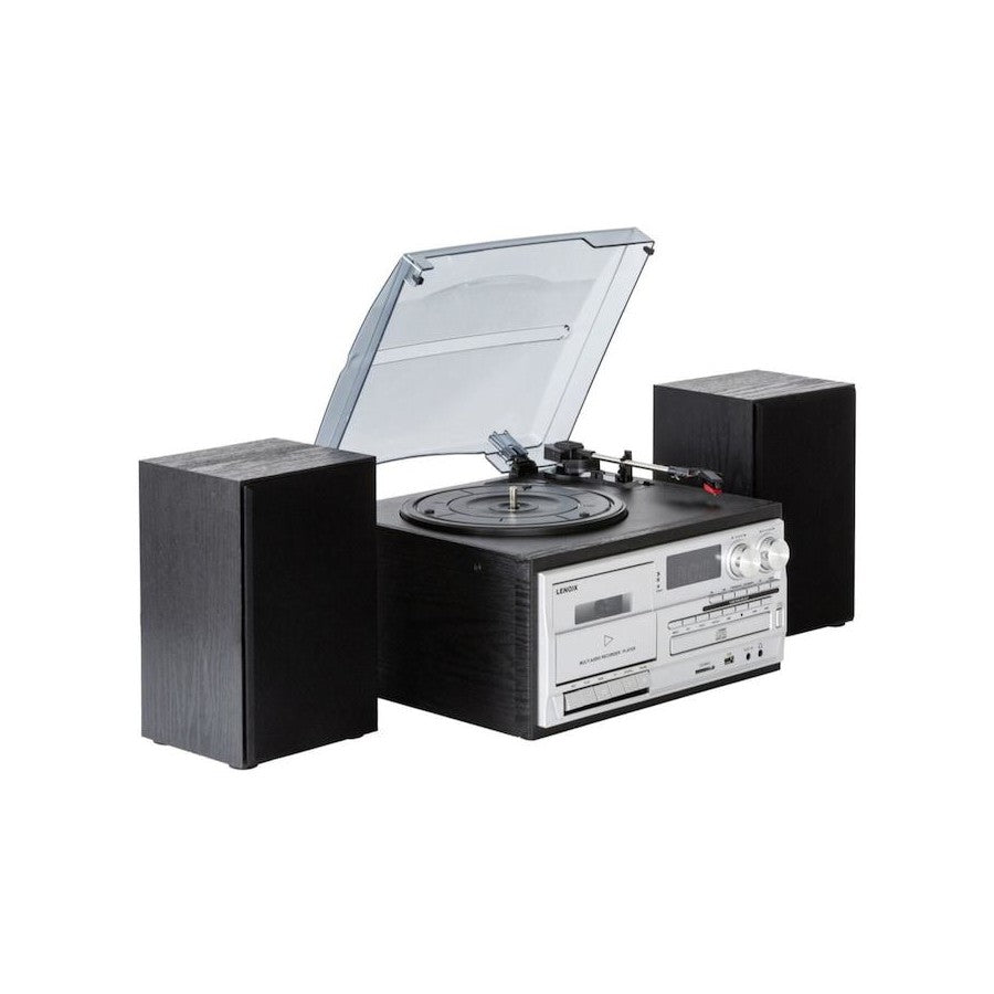 Lenoxx Bluetooth Stereo System | 3 Speed Turntable Vinyl Record Player | Cassette & CD Player CD USB 30W RMS