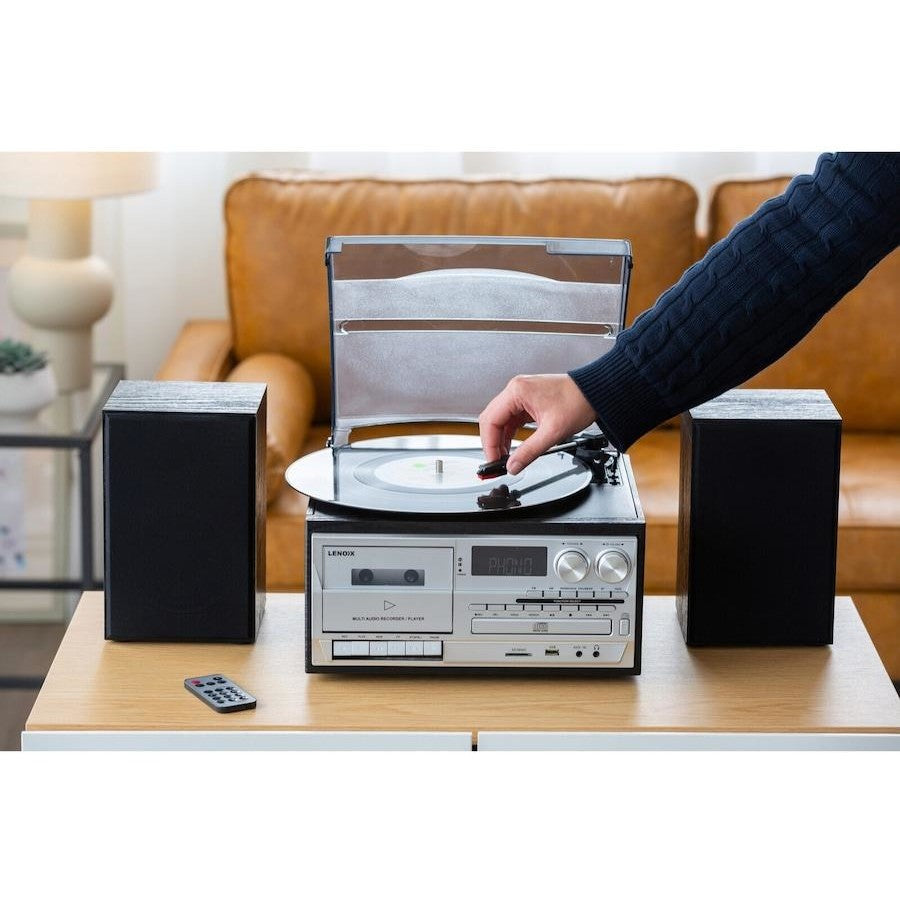Lenoxx Bluetooth Stereo System | 3 Speed Turntable Vinyl Record Player | Cassette & CD Player CD USB 30W RMS