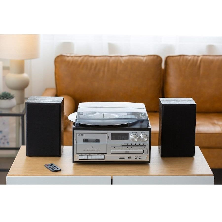 Lenoxx Bluetooth Stereo System | 3 Speed Turntable Vinyl Record Player | Cassette & CD Player CD USB 30W RMS
