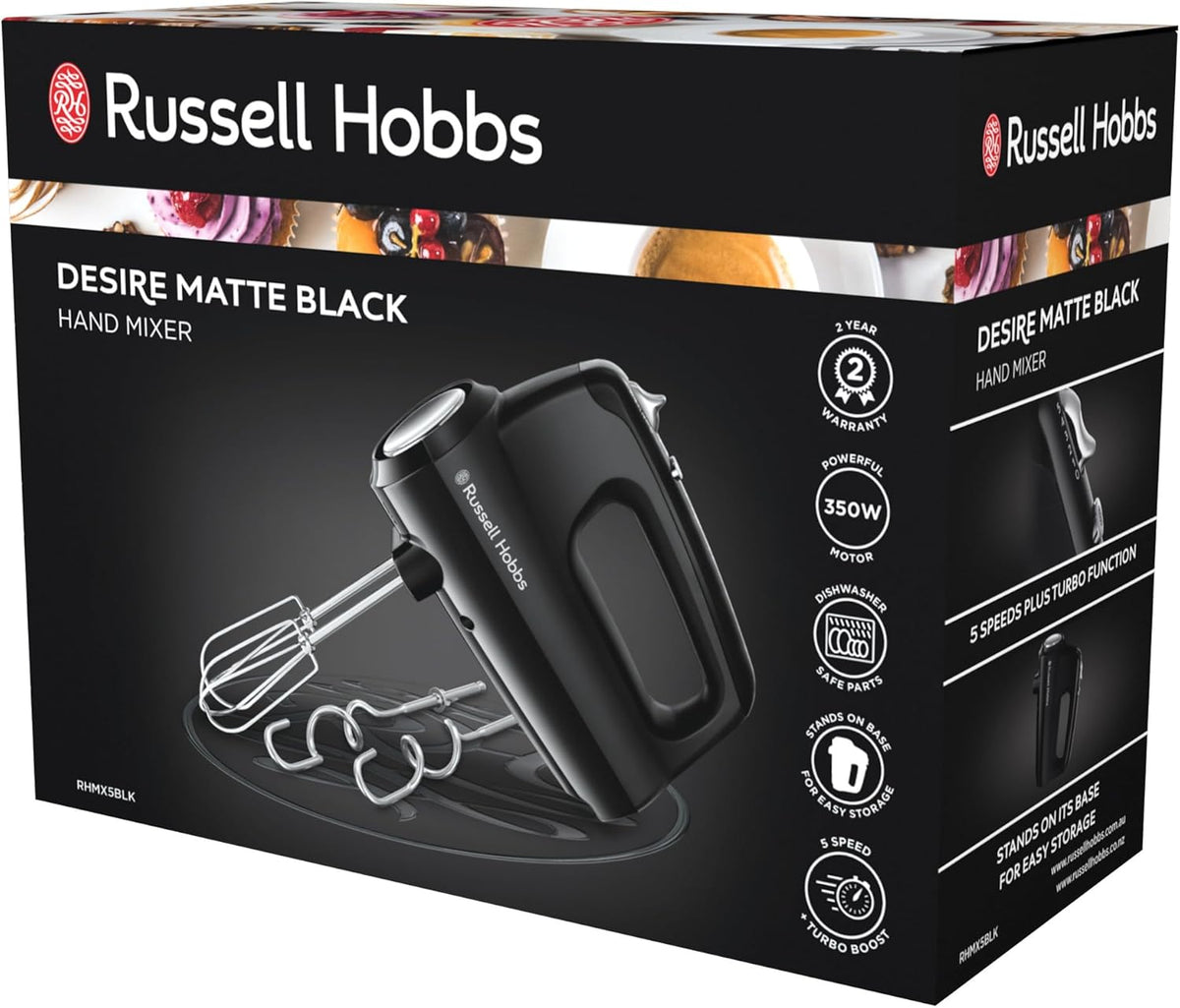 Russell Hobbs Hand Mixer 5 Speed | Egg Batter Whisk Batter Mixer Dough Hooks | Portable Kitchen Mixing
