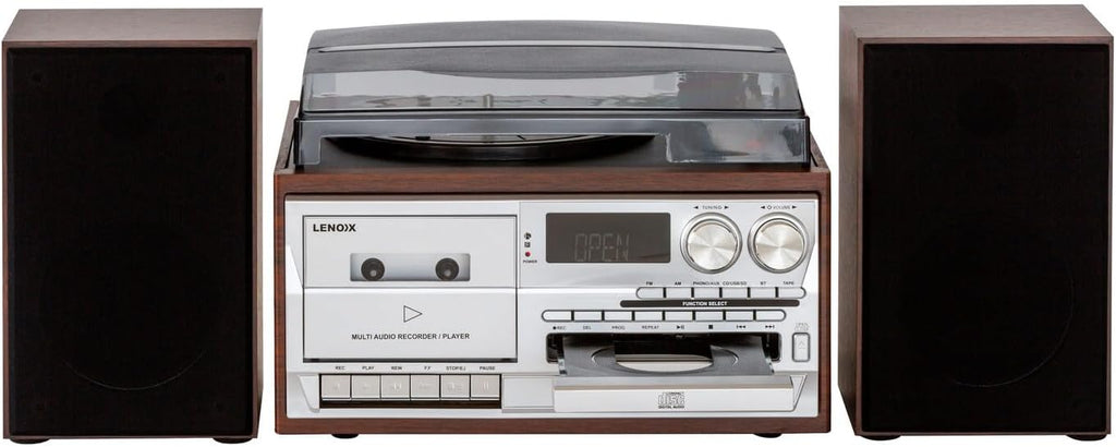 30W Bluetooth Stereo System Turntable Vinyl Record Player / CD Player / AM/FM Radio Home Entertainment Music System with Wireless Technology (Brown)