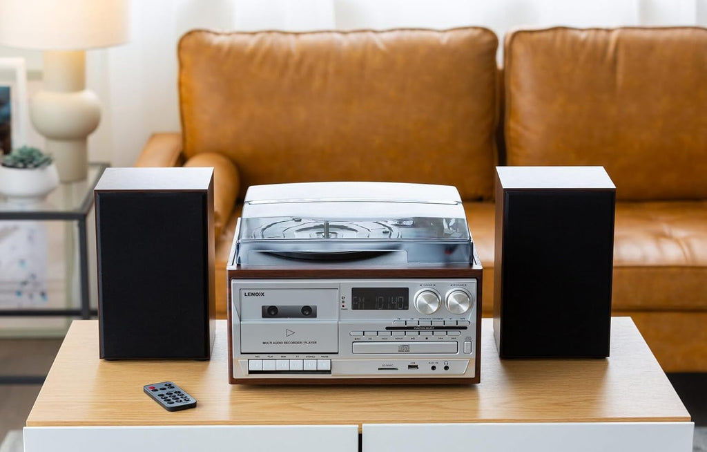 30W Bluetooth Stereo System Turntable Vinyl Record Player / CD Player / AM/FM Radio Home Entertainment Music System with Wireless Technology (Brown)