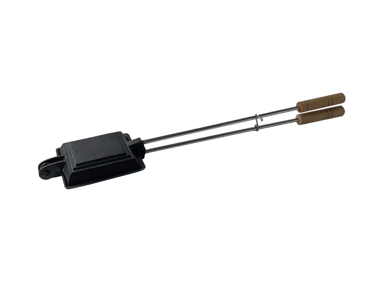 Cast Iron Sandwich Grill Press Camping Campsite Cooking with Wood Handle (Heat Resistant)