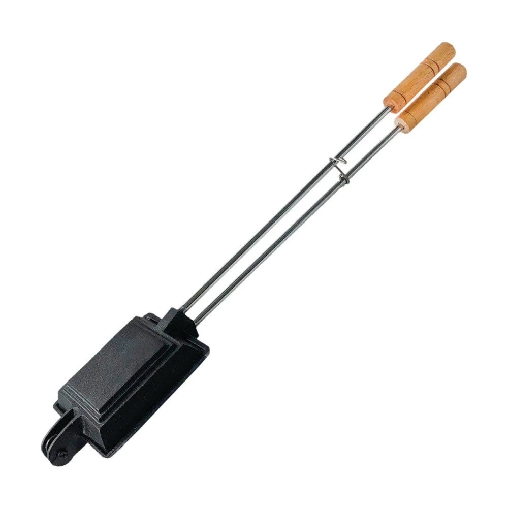 Cast Iron Sandwich Grill Press Camping Campsite Cooking with Wood Handle (Heat Resistant)