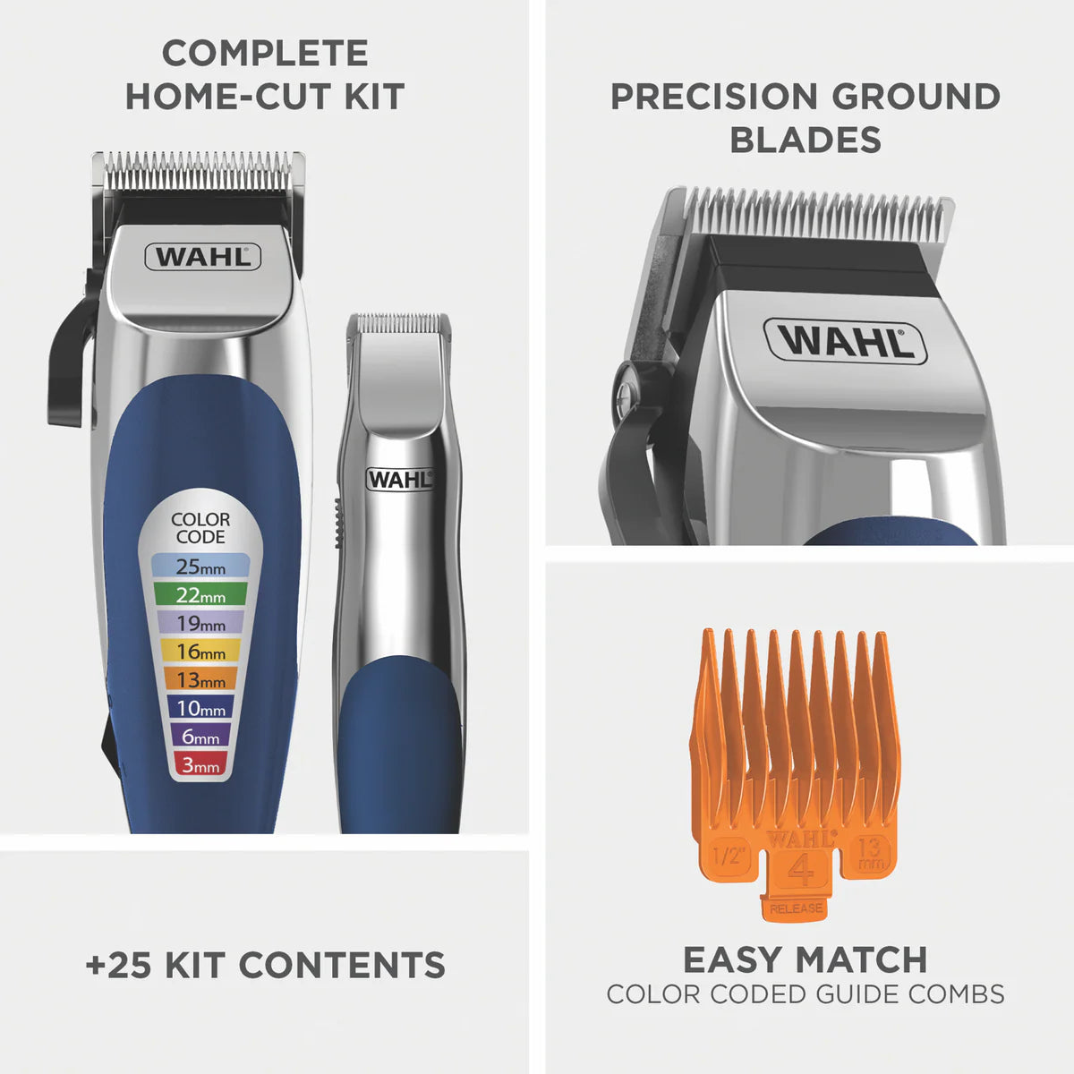 Wahl Electric Hair Clipper Corded Men's DIY Barber Haircutting Cutting Trimmer, Coloured Guide Combs, Barber Cape, Scissors, Boys Haircutting Kit