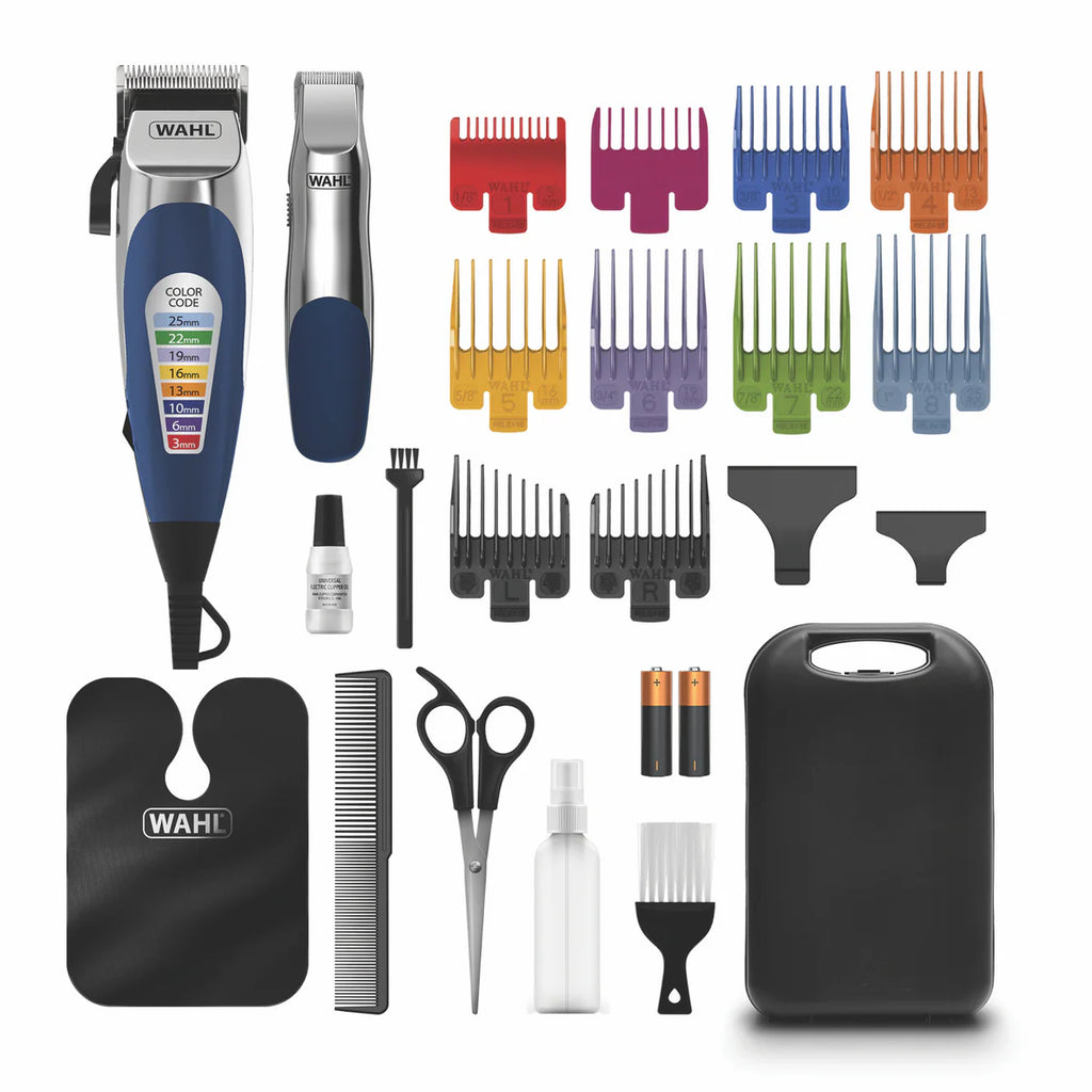 Wahl Electric Hair Clipper Corded Men's DIY Barber Haircutting Cutting Trimmer, Coloured Guide Combs, Barber Cape, Scissors, Boys Haircutting Kit