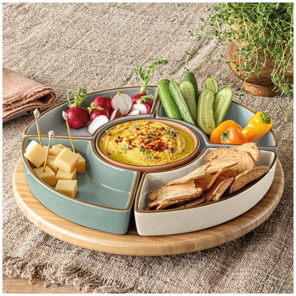 Stoneware & Bamboo Serving Tray | Lazy Suzy Dishes Party Platter Breakfast Food