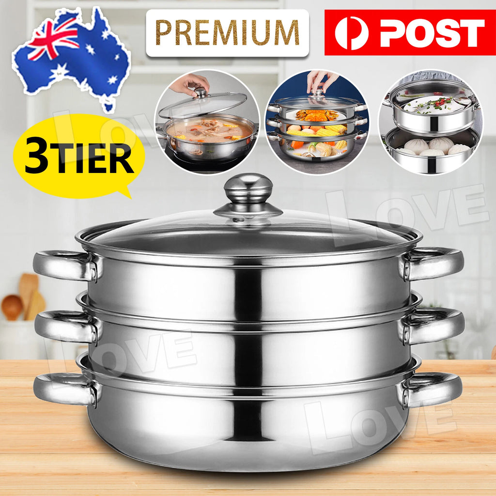 Stainless Steel Steaming Pot 3 Tier - Dumpling Vegetable Fish Meat Steamer - Lightweight Family Cooker, Stovetop