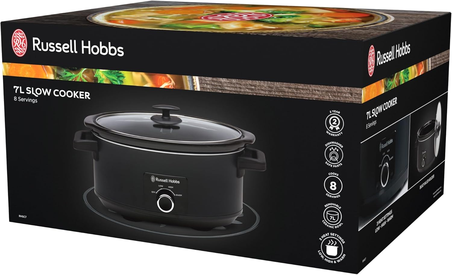 Russell Hobbs 7L Slow Cooker | Curry Stew Family Meal Maker 3 Heat w/ Removable Ceramic Pot