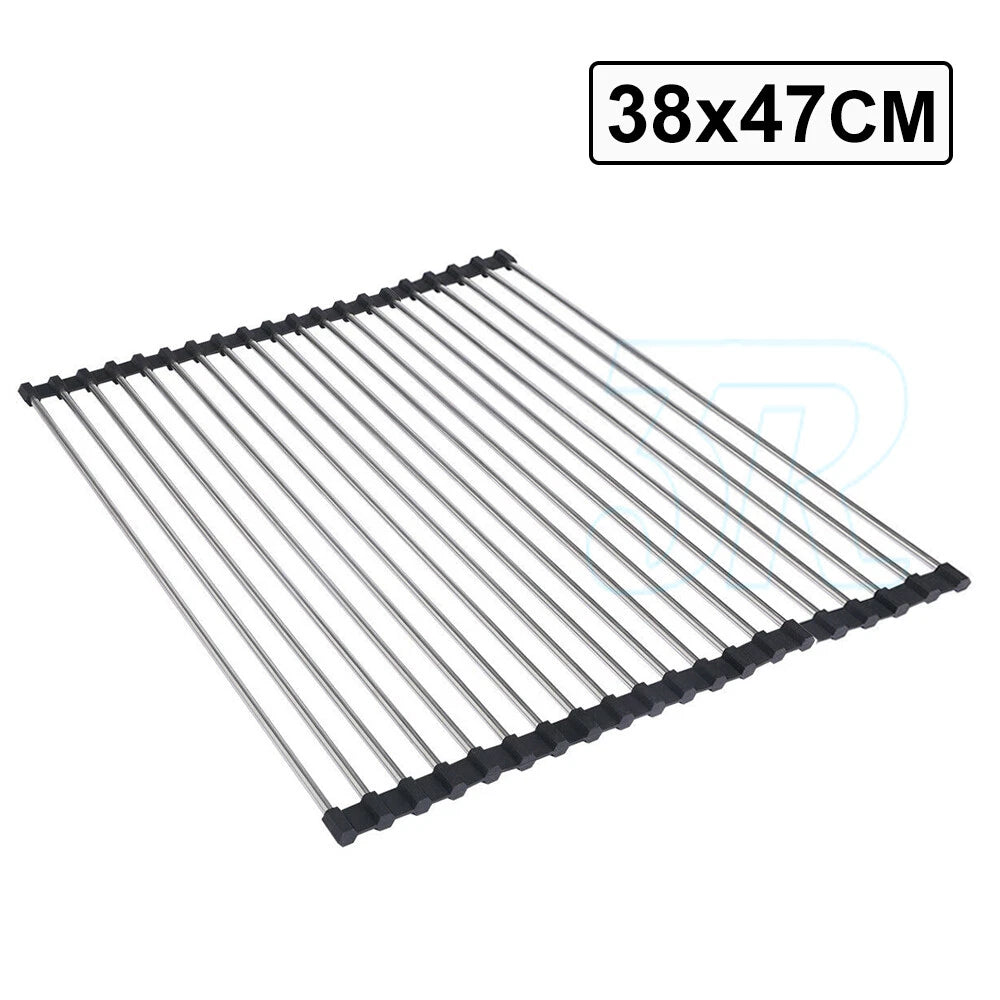 Stainless Steel Dish Rack Meat Vegetable Drying Drainer 38x47cm Over Sink Rack Roll up Kitchen Foldable Vegetable Pan Dishes Cutlery Rack