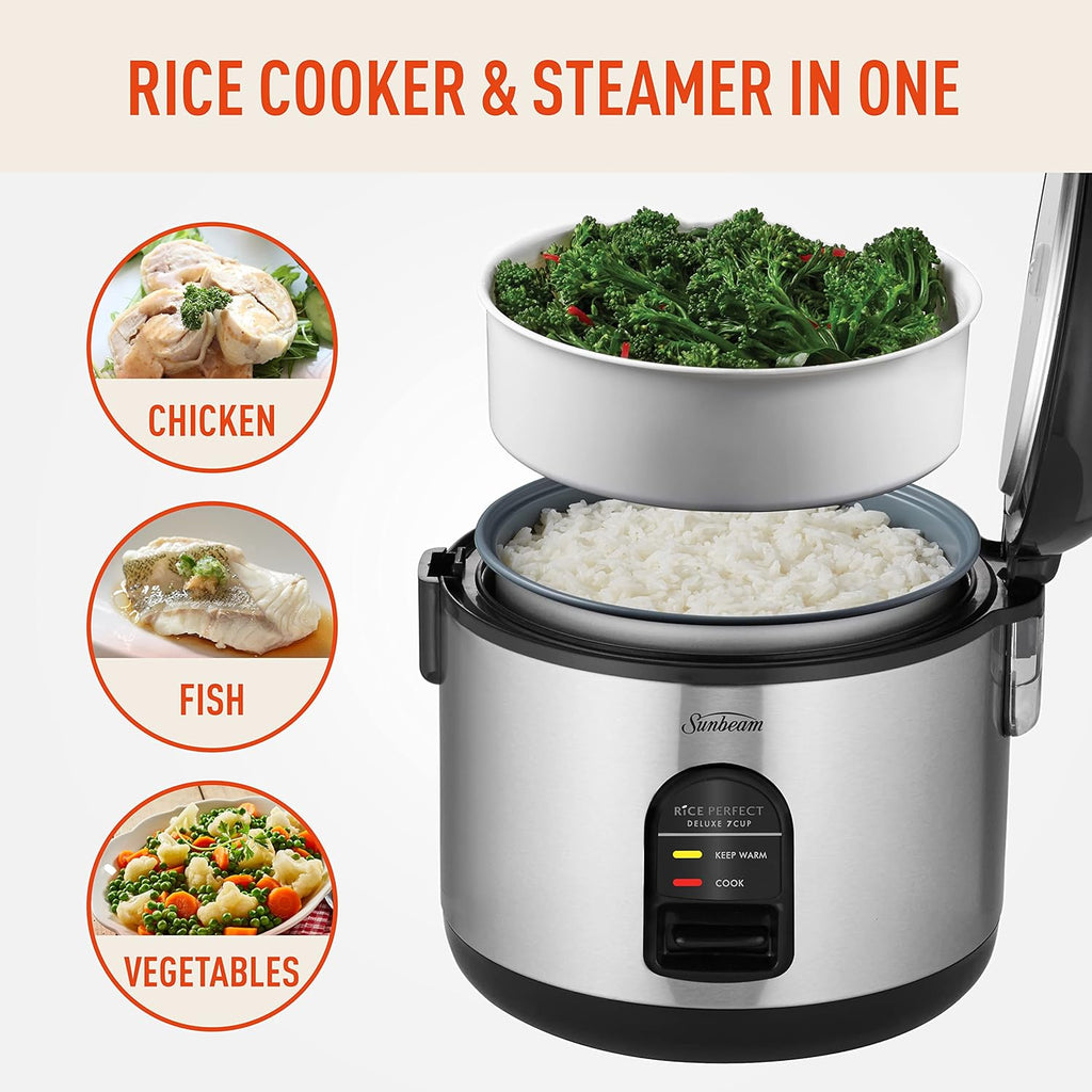Sunbeam Rice Cooker Fluffy Rice Maker and Vegetable Fish Steamer Basket, Healthy Steamed Meals Machine