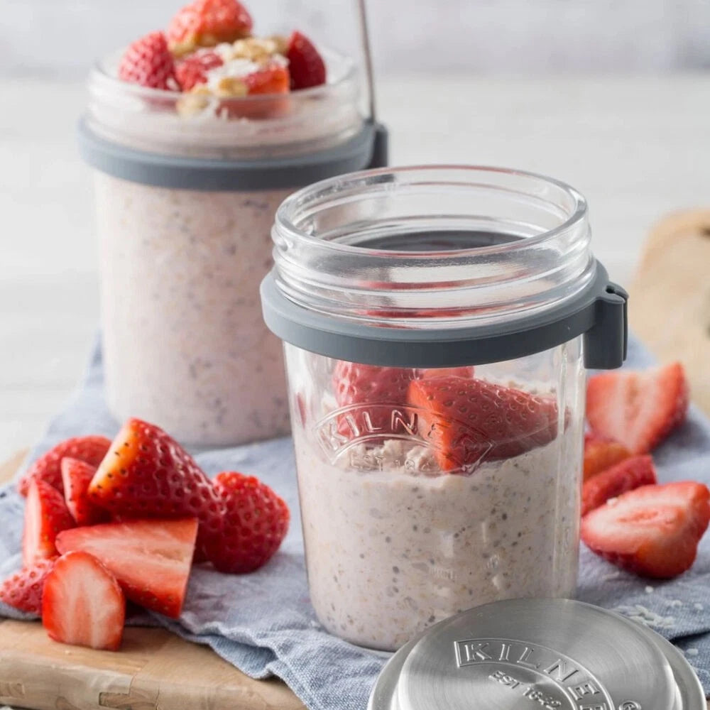 2x Glass Breakfast Maker Jar Chia Pudding Fruit Nut Cold Porridge Overnight Protein Oats Set - 350ml Jars