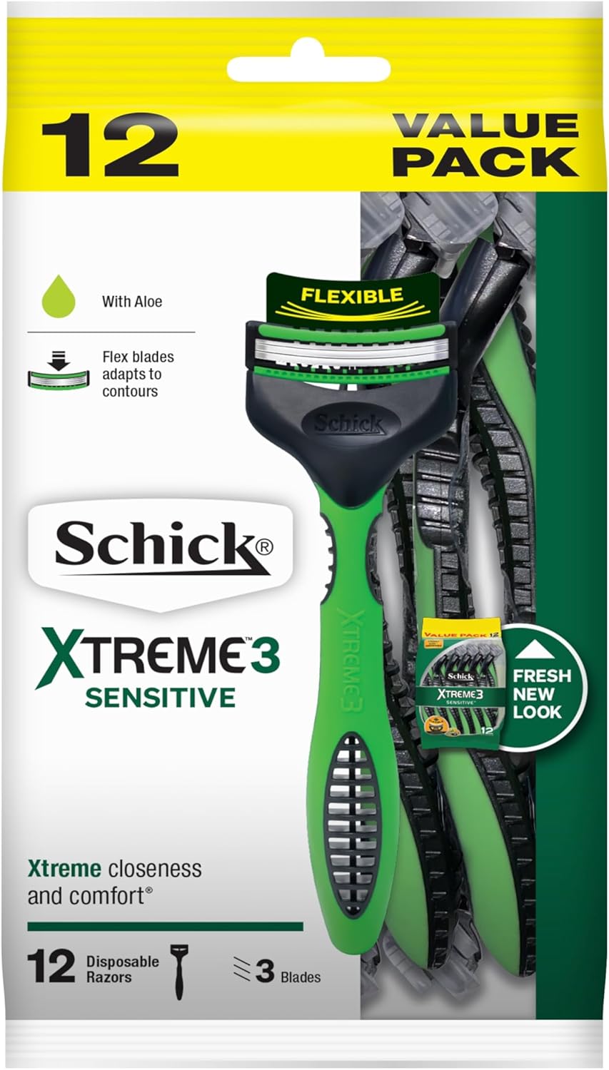 Schick Men's Sensitive 12 Pack Razor Blades Disposable Facial Shavers, Aloe Lube Strip, Flex Blades | Flex Blades Adapts to Face Contours | 3 Blade Cartridge