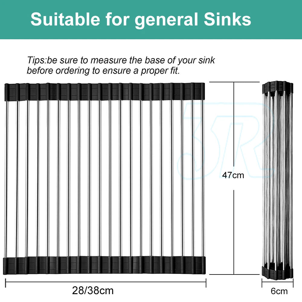 Stainless Steel Dish Rack Meat Vegetable Drying Drainer 38x47cm Over Sink Rack Roll up Kitchen Foldable Vegetable Pan Dishes Cutlery Rack