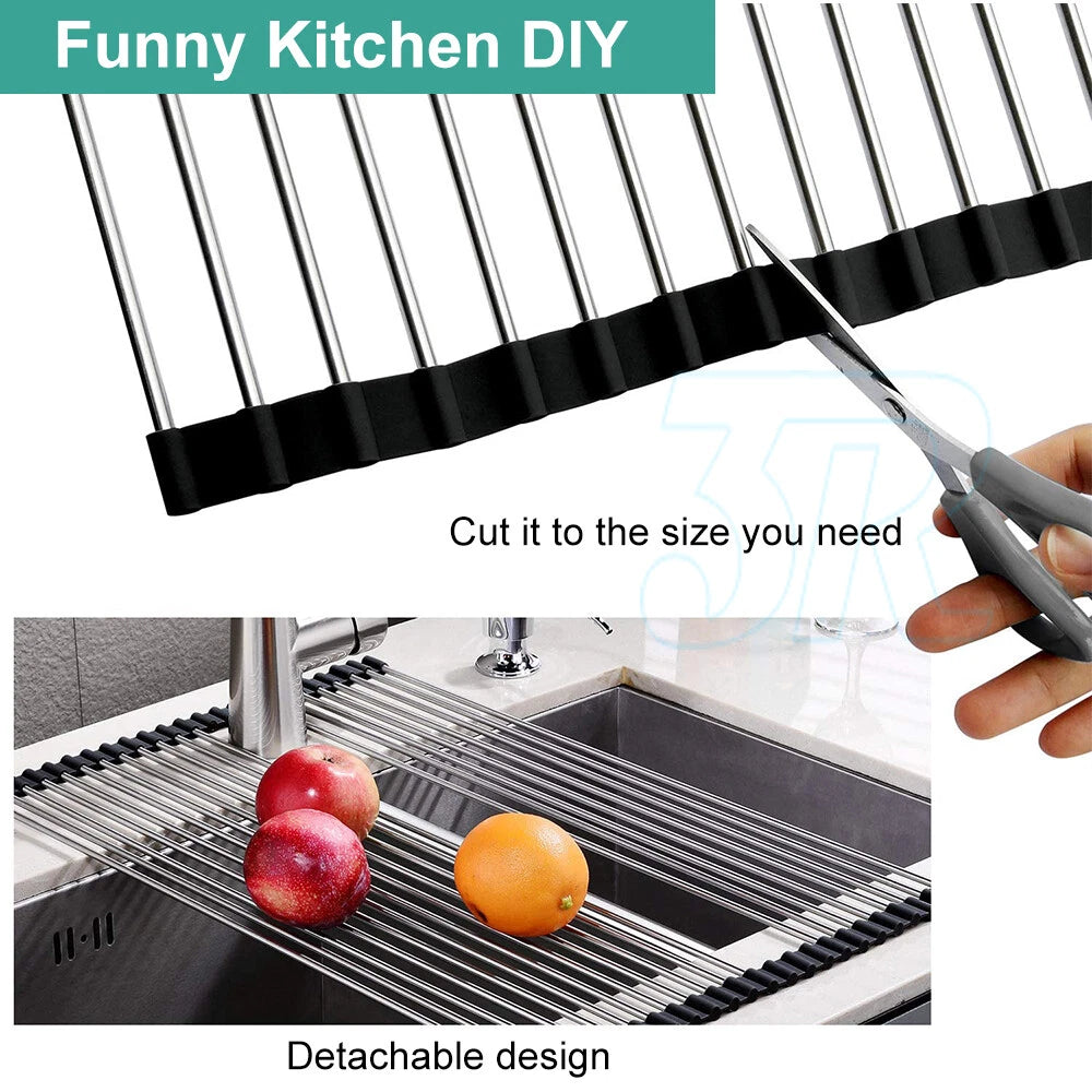 Stainless Steel Dish Rack Meat Vegetable Drying Drainer 38x47cm Over Sink Rack Roll up Kitchen Foldable Vegetable Pan Dishes Cutlery Rack