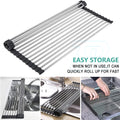 Stainless Steel Dish Rack Meat Vegetable Drying Drainer 38x47cm Over Sink Rack Roll up Kitchen Foldable Vegetable Pan Dishes Cutlery Rack