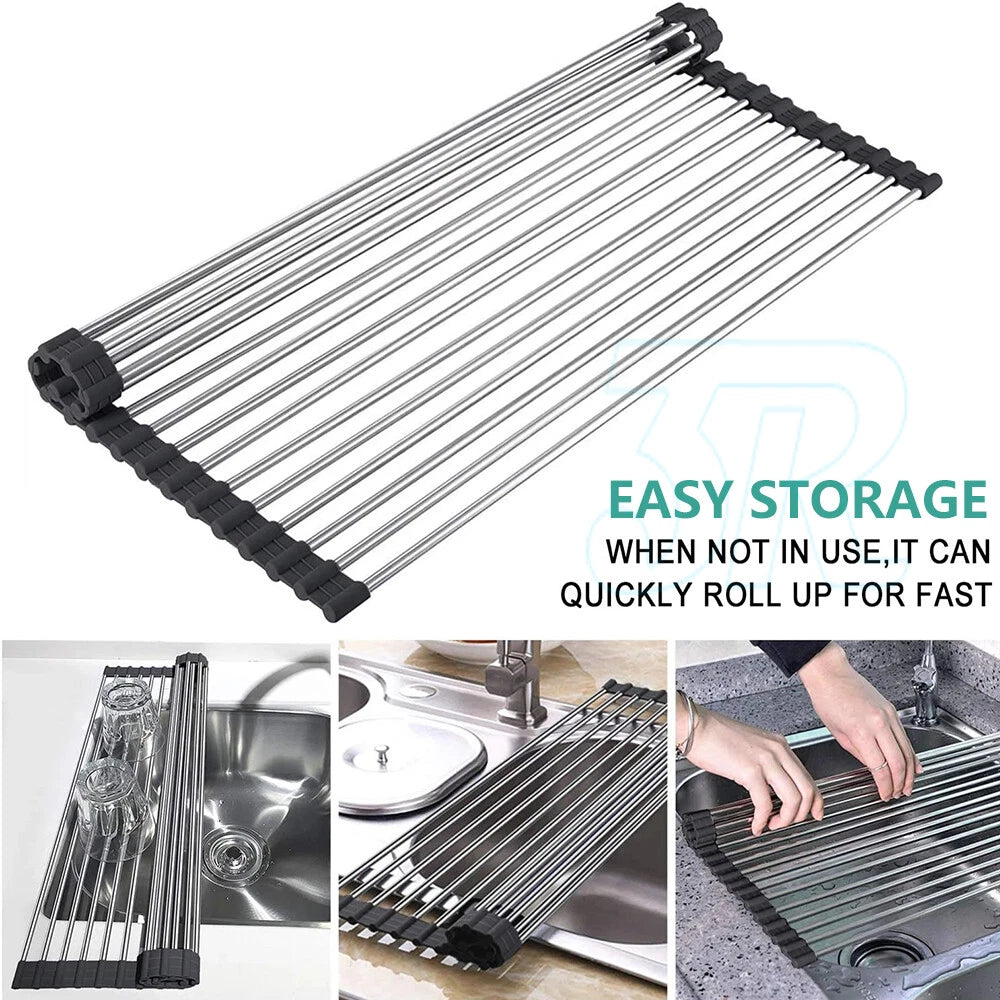 Stainless Steel Dish Rack Meat Vegetable Drying Drainer 38x47cm Over Sink Rack Roll up Kitchen Foldable Vegetable Pan Dishes Cutlery Rack