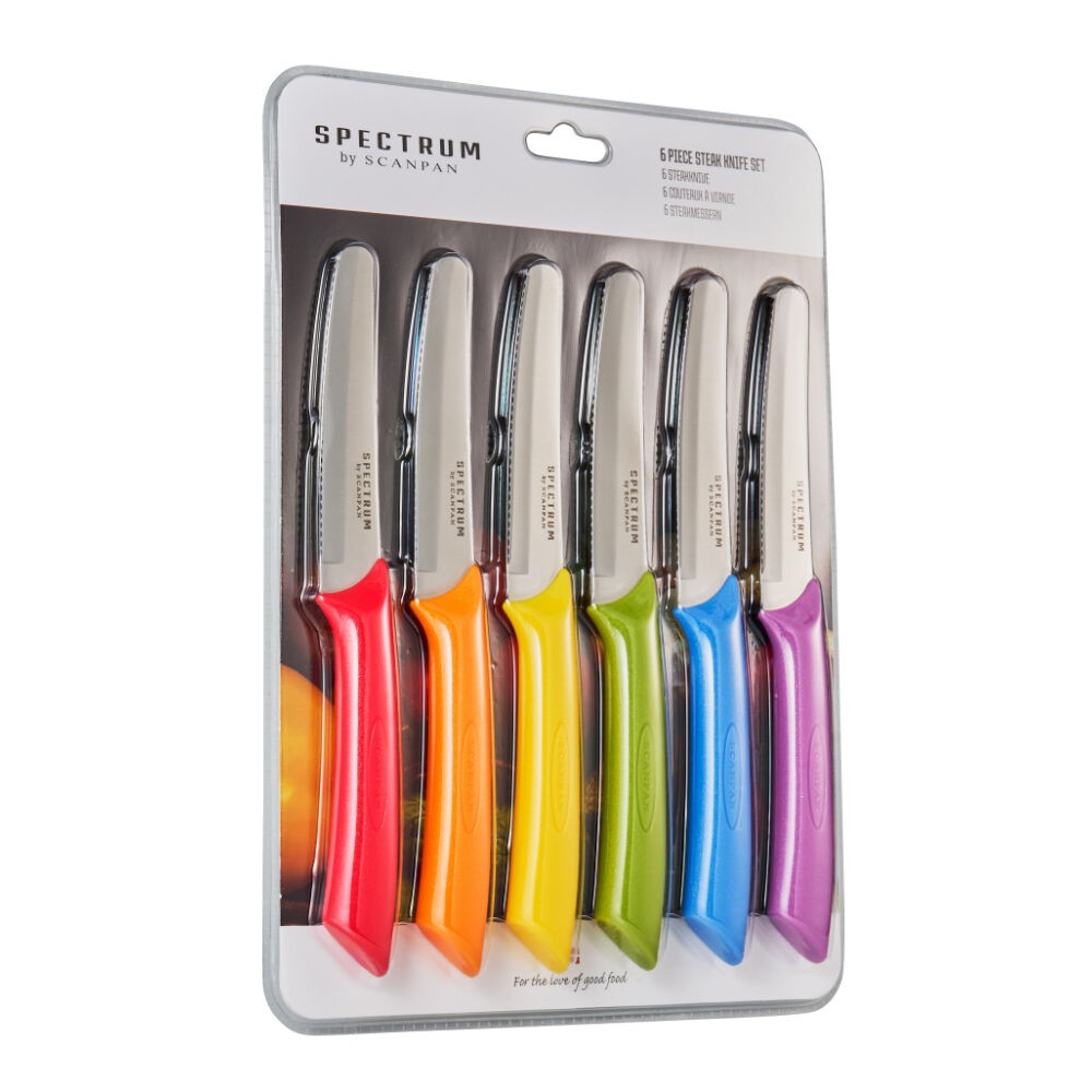 Scanpan Steak Knife Set 6 Piece Multi-Coloured Serrated Cutting Meat Knife 10cm Stainless Steel Blades