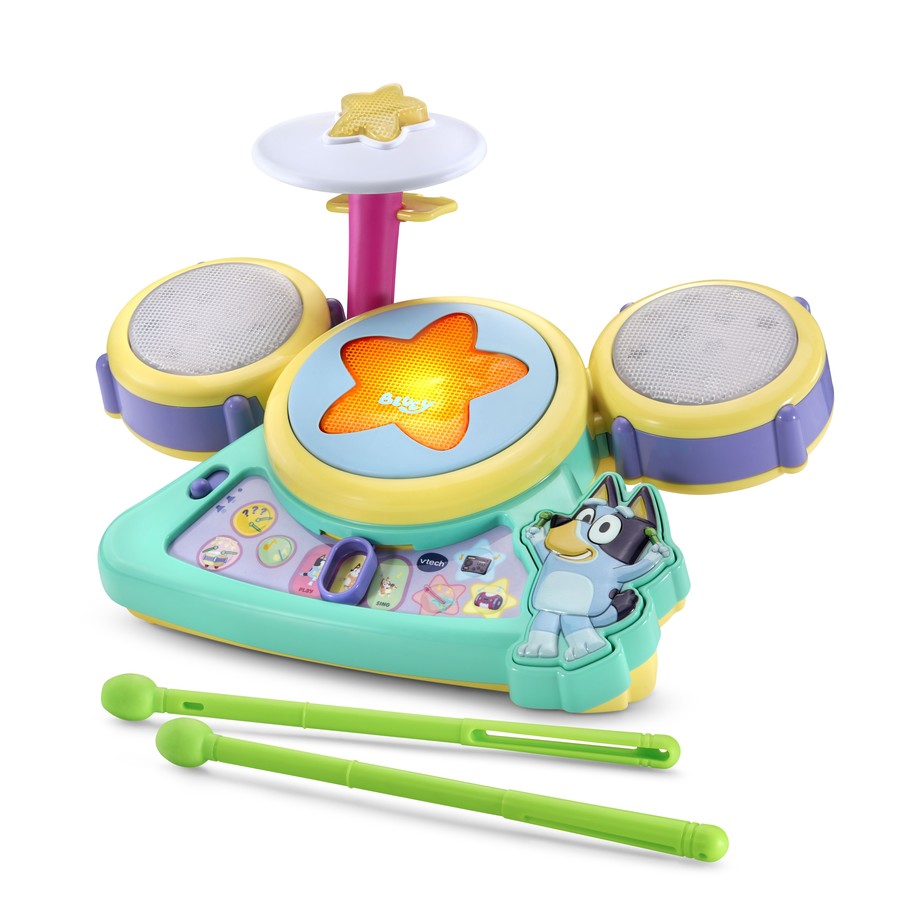 VTech Bluey Hooray Drum Set | Electronic Music Set Drum Solo Infant Toddler Preschool Drumstick Set