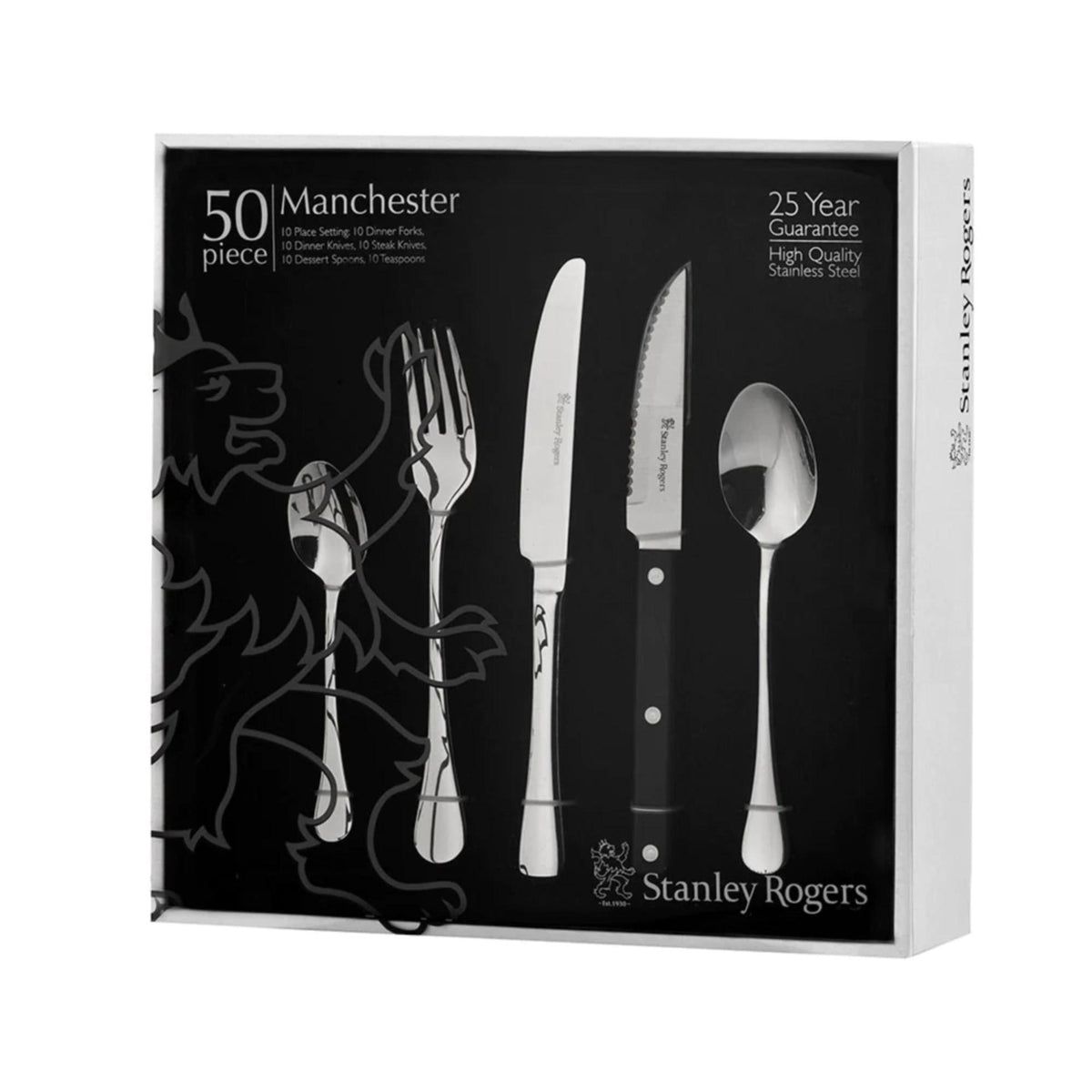 Stanley Rogers 50 Piece Cutlery Set | Dinner Forks, Knives, Dessert Spoons, Teaspoons & Steak Knives