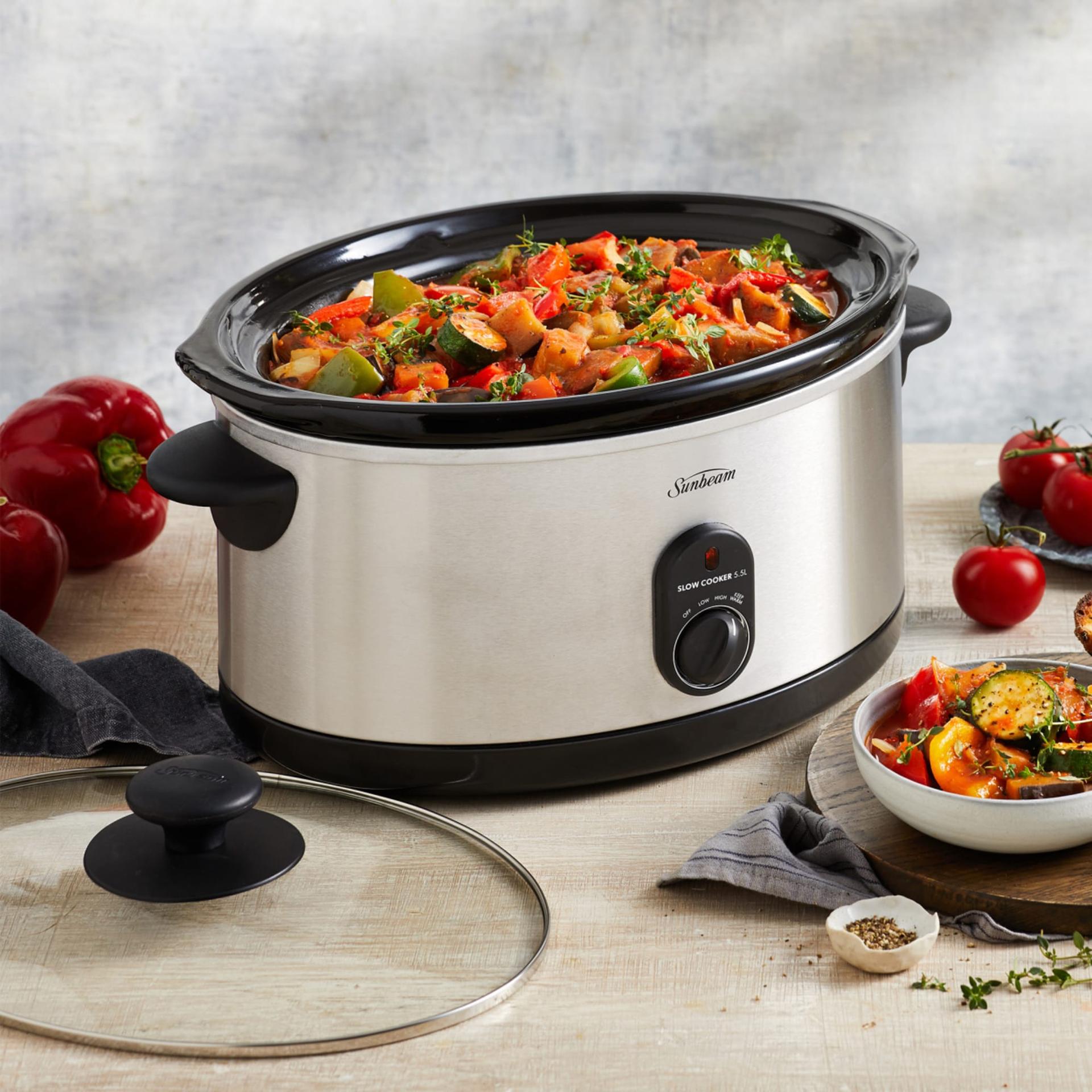 Sunbeam Slow Cooker | 5.5L Stainless Steel Stew Curry Maker | Removabe Cermic Crock Pot