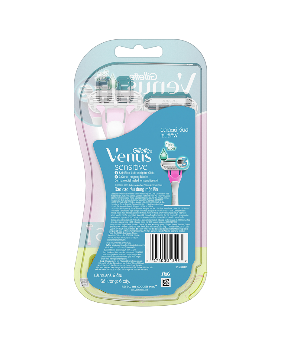 Gillette Venus Sensitive Razor 6 Pack | No Blade Change | Moisture Strips | 3 Blade Razor | Close Shave