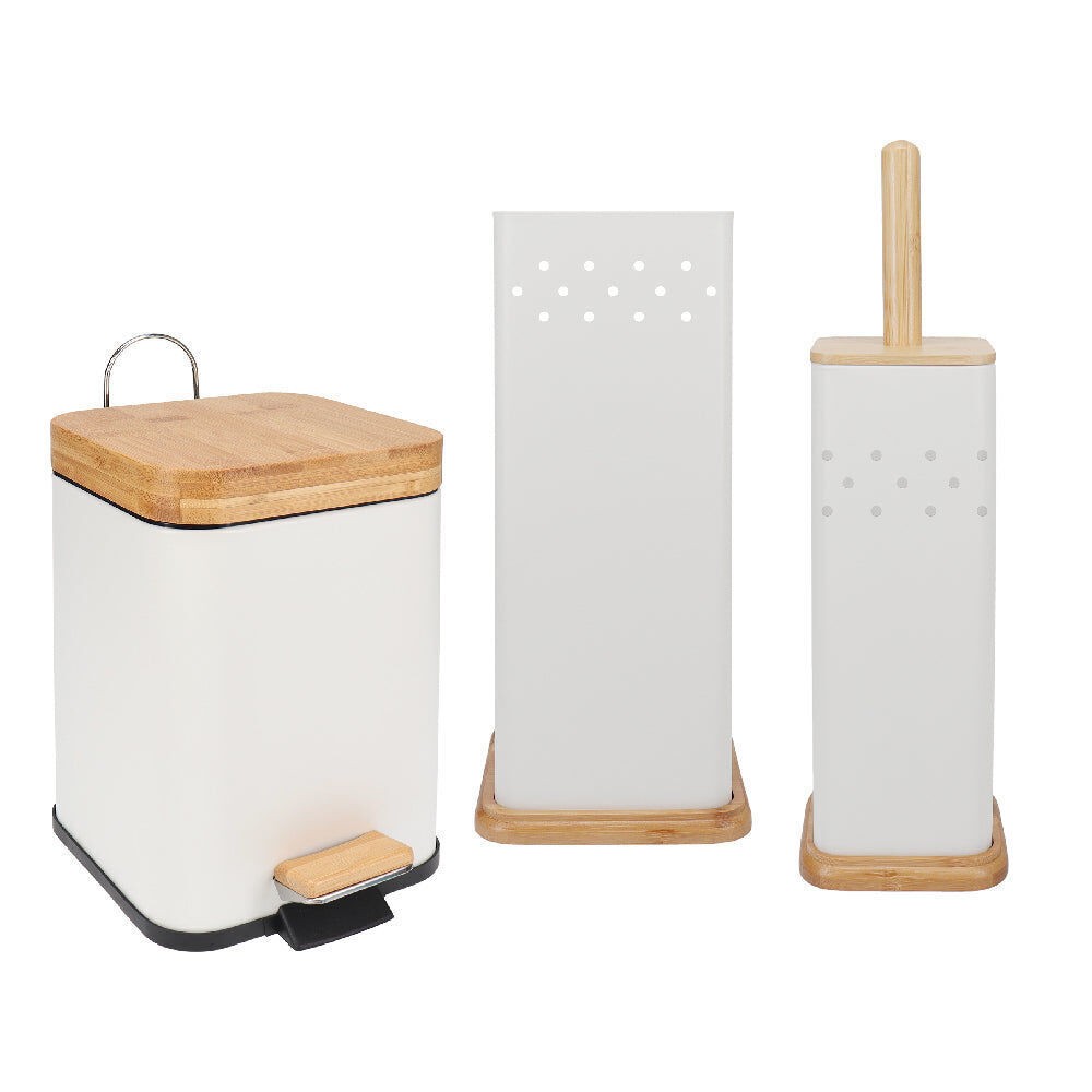 Natural Bamboo Modern Bathroom Set Toilet Brush, Waste Bin and Toilet Roll Holder - Gift Set Elegant