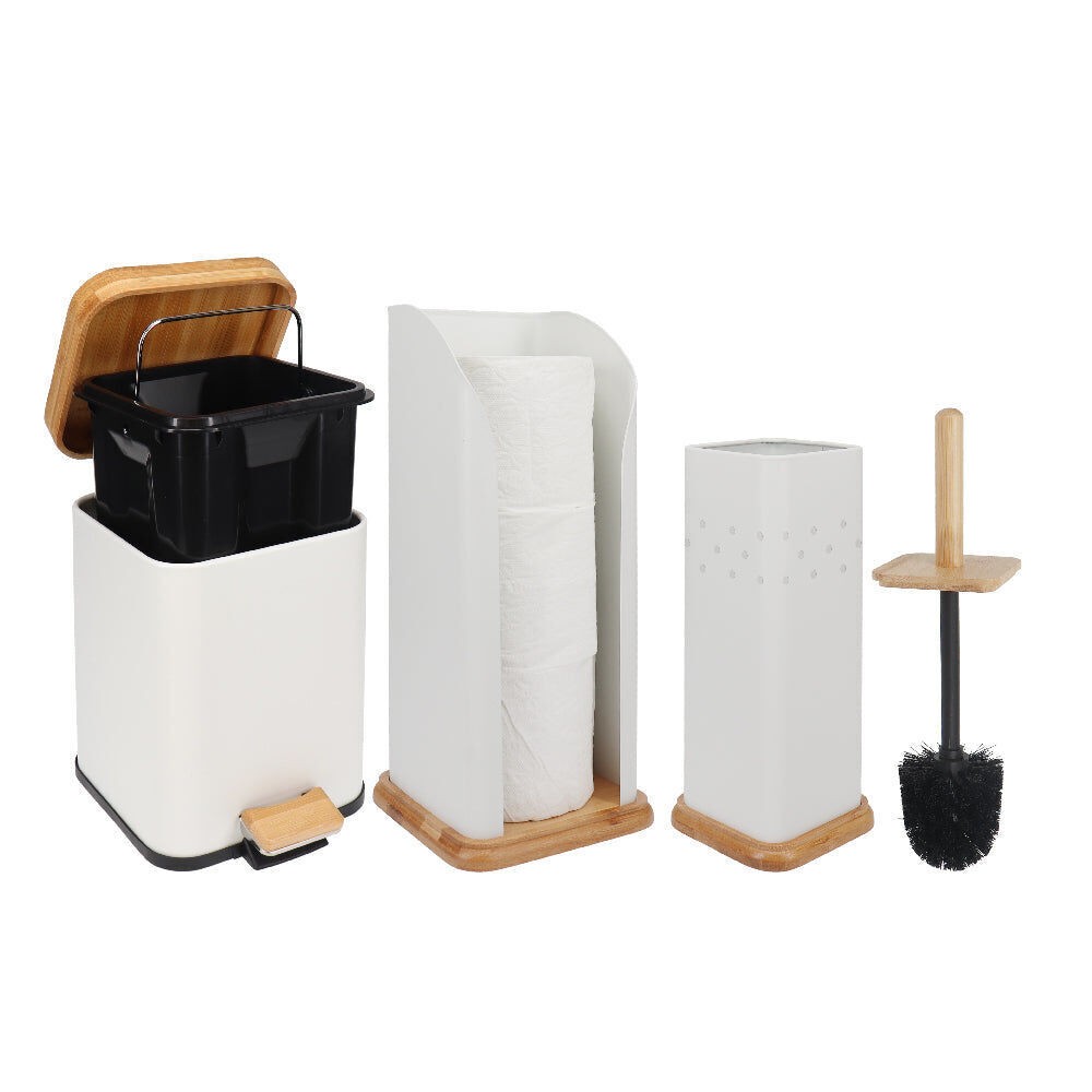 Natural Bamboo Modern Bathroom Set Toilet Brush, Waste Bin and Toilet Roll Holder - Gift Set Elegant