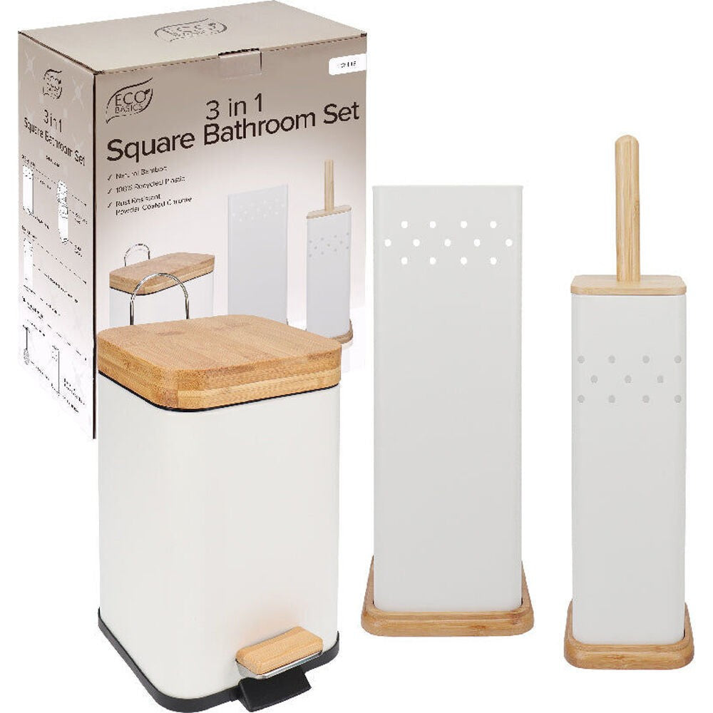 Natural Bamboo Modern Bathroom Set Toilet Brush, Waste Bin and Toilet Roll Holder - Gift Set Elegant