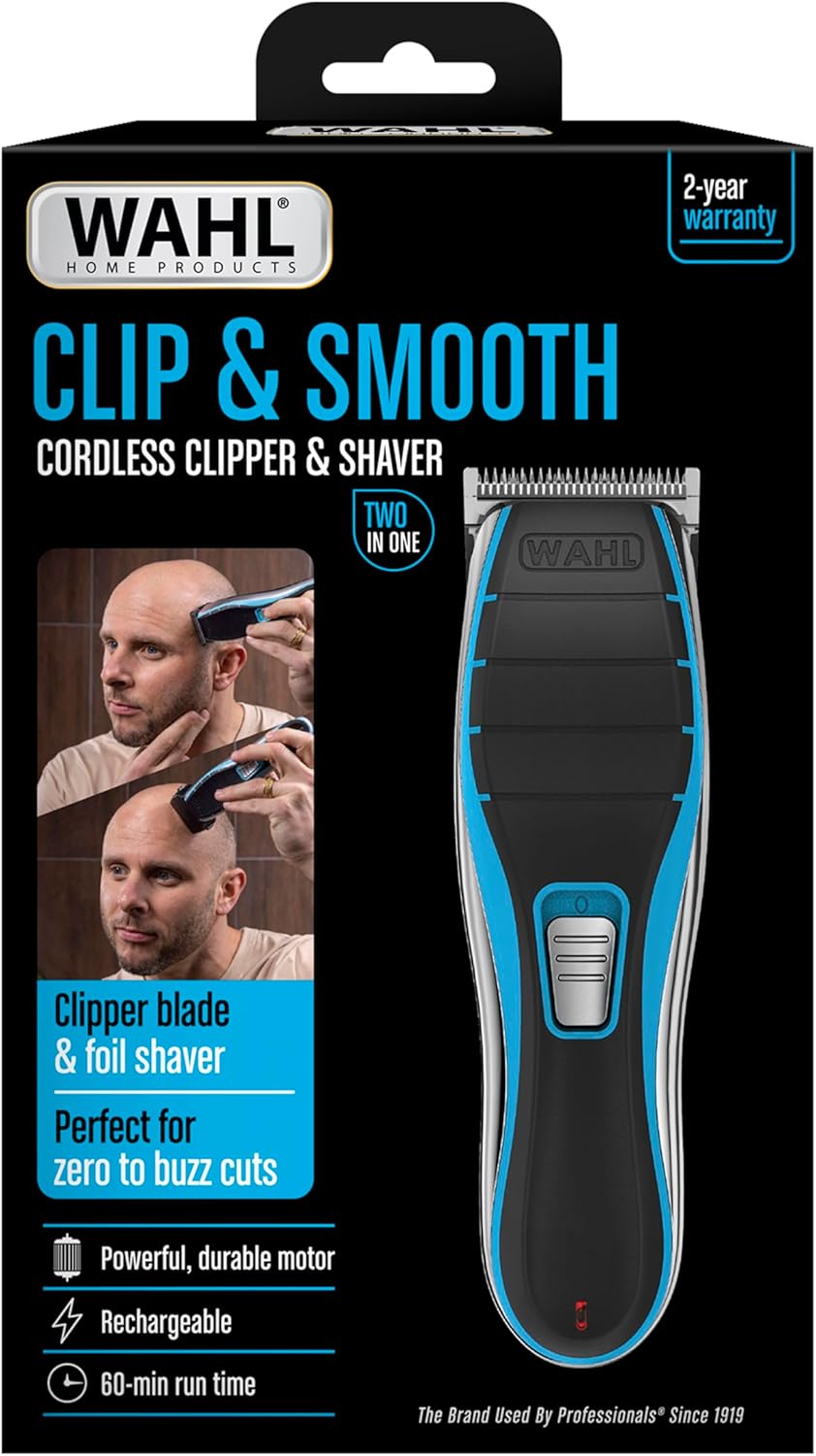 Wahl Clip & Smooth 15 Piece Home Shaver DIY Haircut Head Shaver Buzz Cut Boys Mens Cordless 60min Clipper