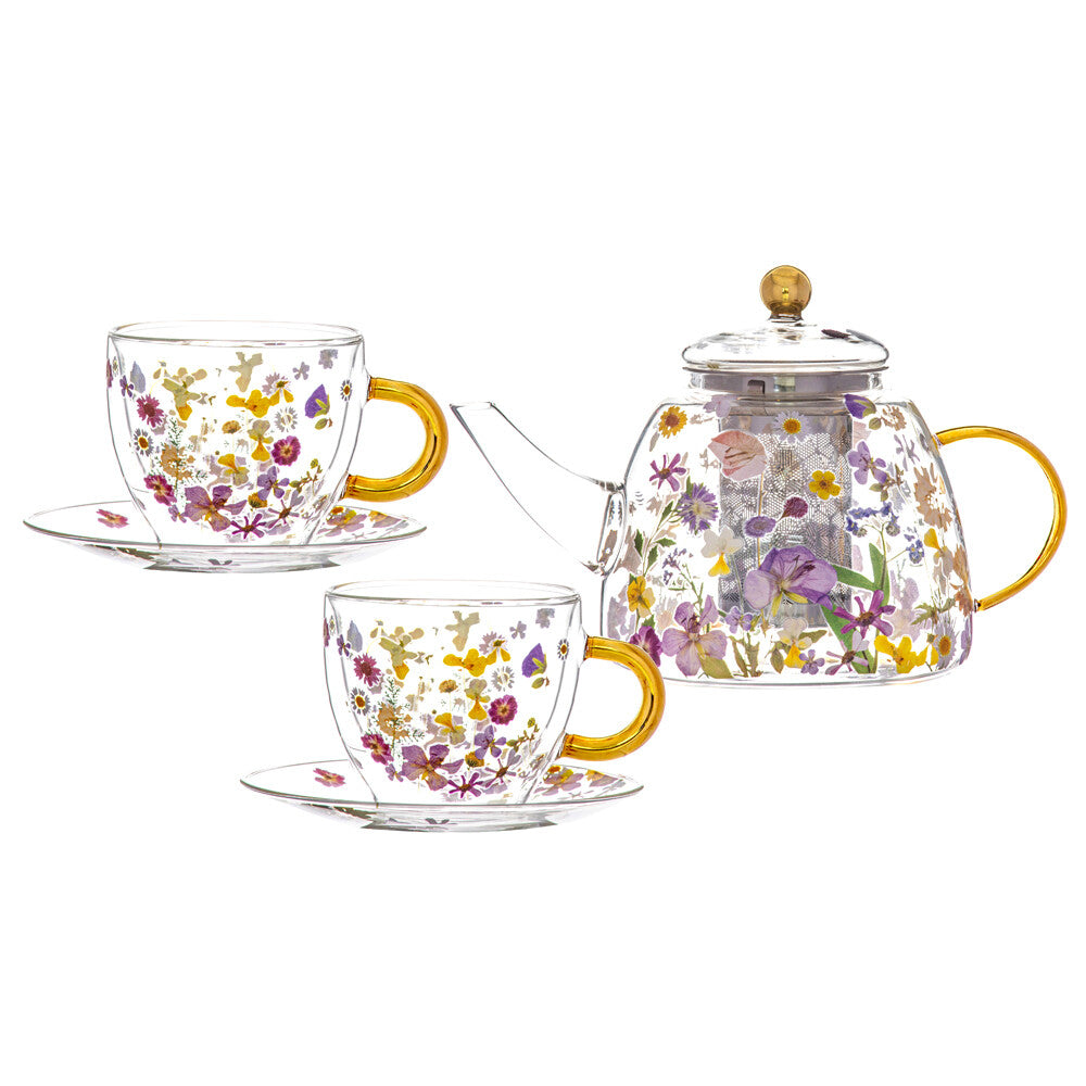 5PC Teapot and Tea Cup Set Beautiful Gift Set Pressed Flowers 1.2L Glass Tea Pot with 2 Tea Cups Mugs and Saucers