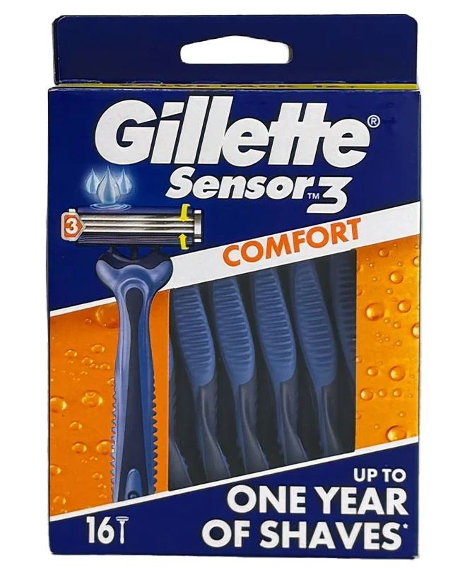 16 Pack Gillette Sensor 3 Disposable Razors  - Mens Travel Shavers Facial Hair Remover