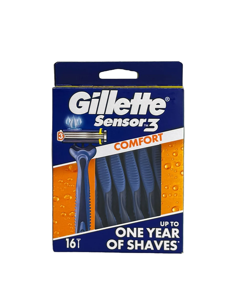 16 Pack Gillette Sensor 3 Disposable Razors  - Mens Travel Shavers Facial Hair Remover