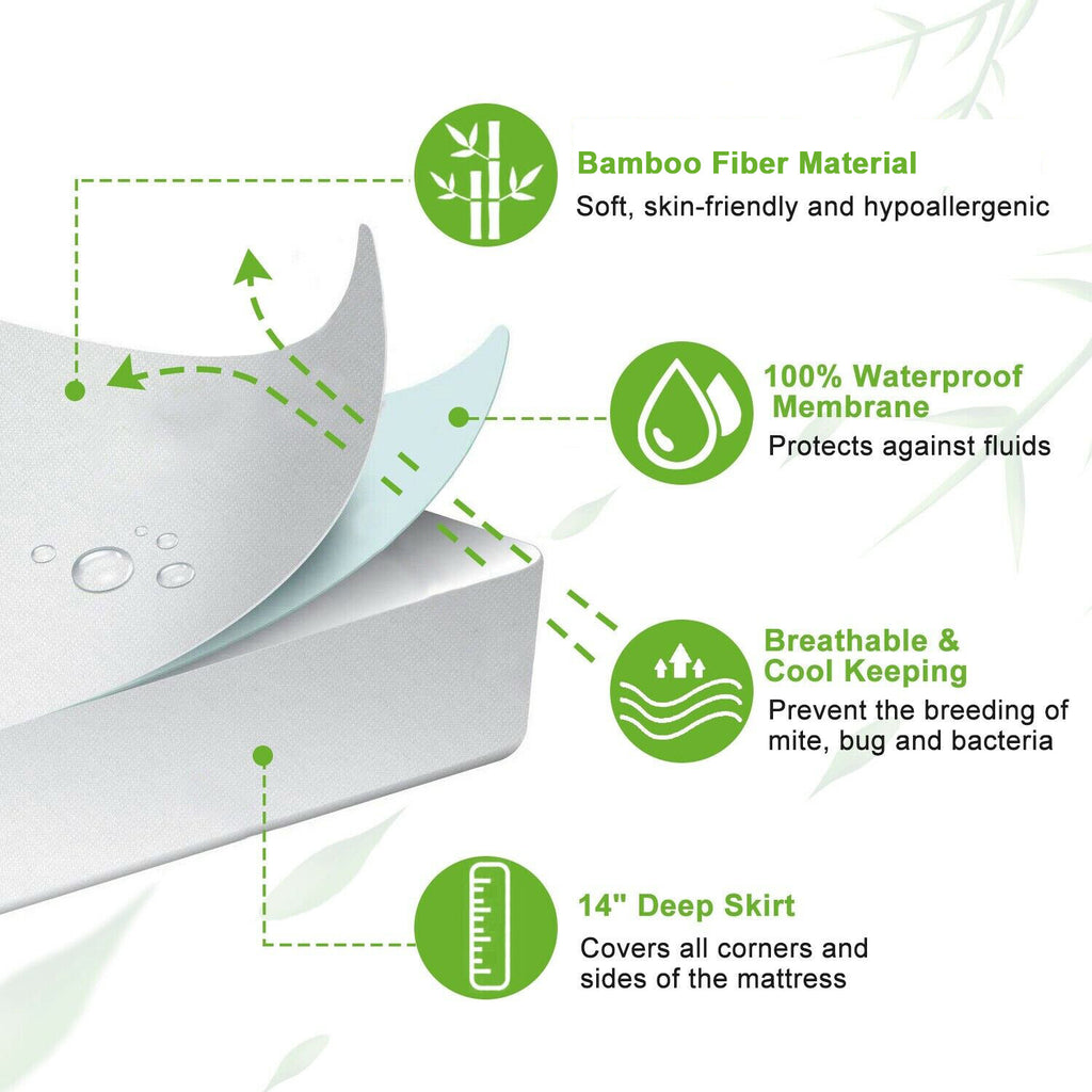 Bamboo Waterproof Mattress Protector - QUEEN - Washable Breathable Matress Cover, Dust Mite prevention , Fully Fitted Skirt