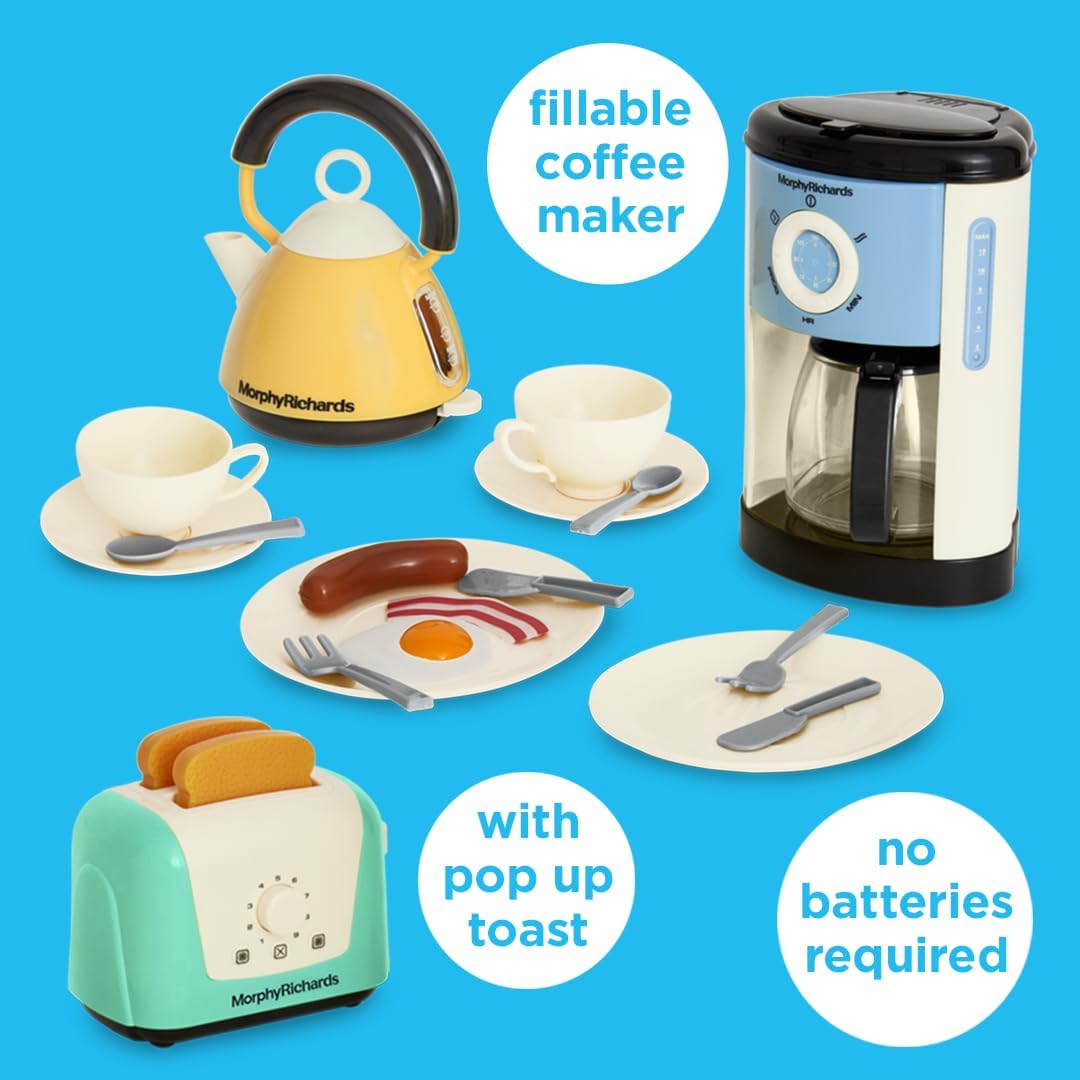 Morphy Richards Pretend Kitchen Appliances Preschool Toddler Kids Toaster, Coffee Machine, Kettle and Accessories, Educational Fine Motor Toys