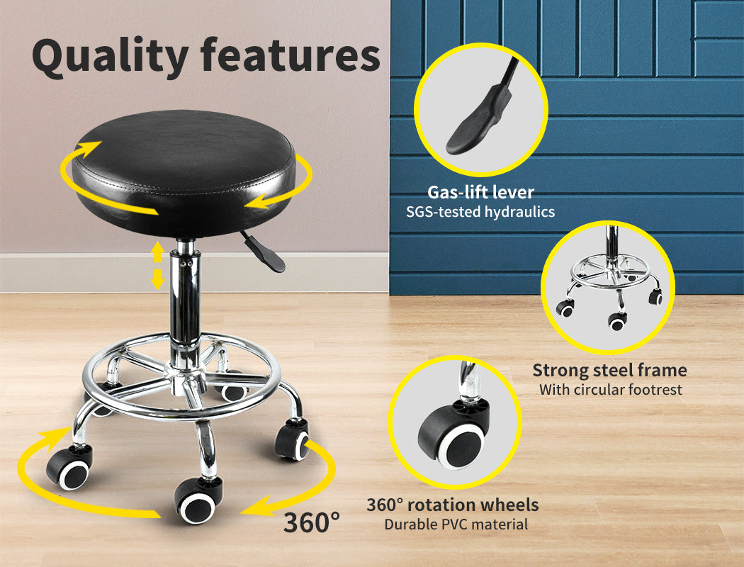 Black Round Stool Swivel Portable Barber School Hairdresser Office Chair Footrest Bar Seat