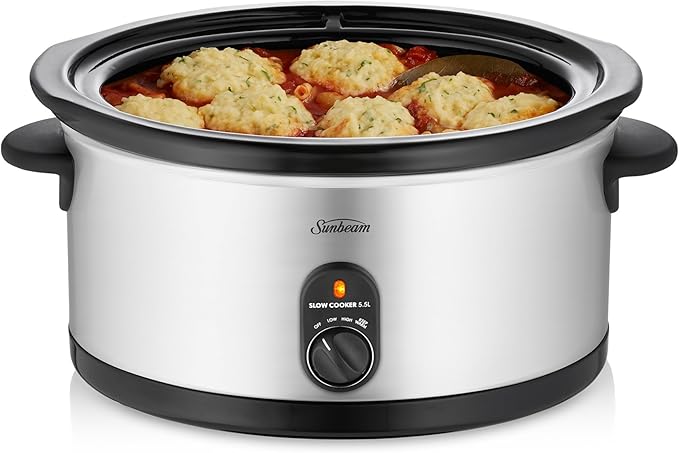 Sunbeam Slow Cooker | 5.5L Stainless Steel Stew Curry Maker | Removabe Cermic Crock Pot