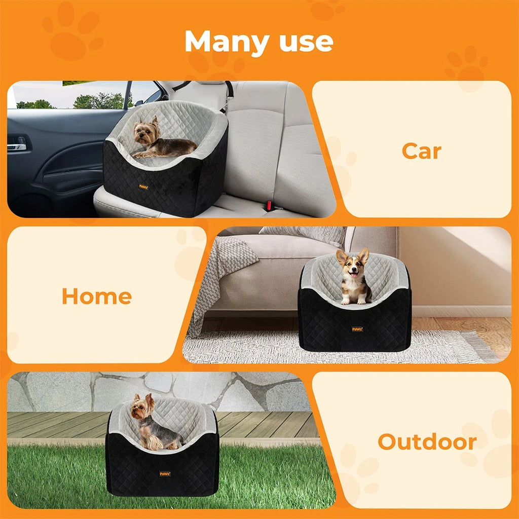 Pet Dog Puppy Car Booster Seat Carrier Safe Travel Portable Bed 15kg Back Front Seat Seat Belt - Machine Washable Cover