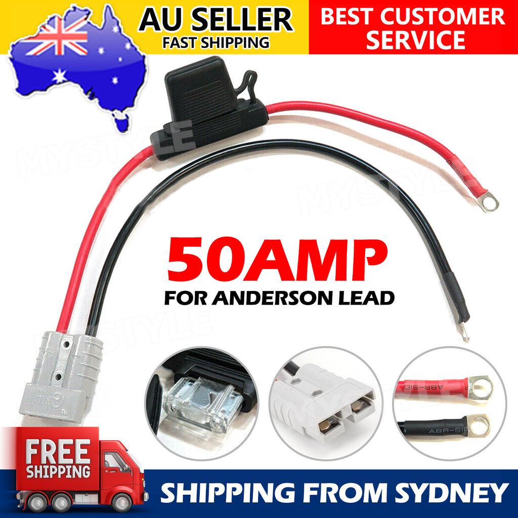 50Amp FUSED Anderson Lead 50Amp Plug to 8mm Lugs, Electrical Systems Battery Box or Solar Panel Connection