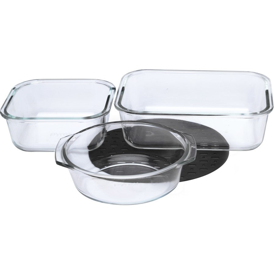 Pyrex Air Fryer Glass Baking Set | 3 Piece Set Bakeware Baking Dish Cooking Glassware | Includes Silicone Grip Pad