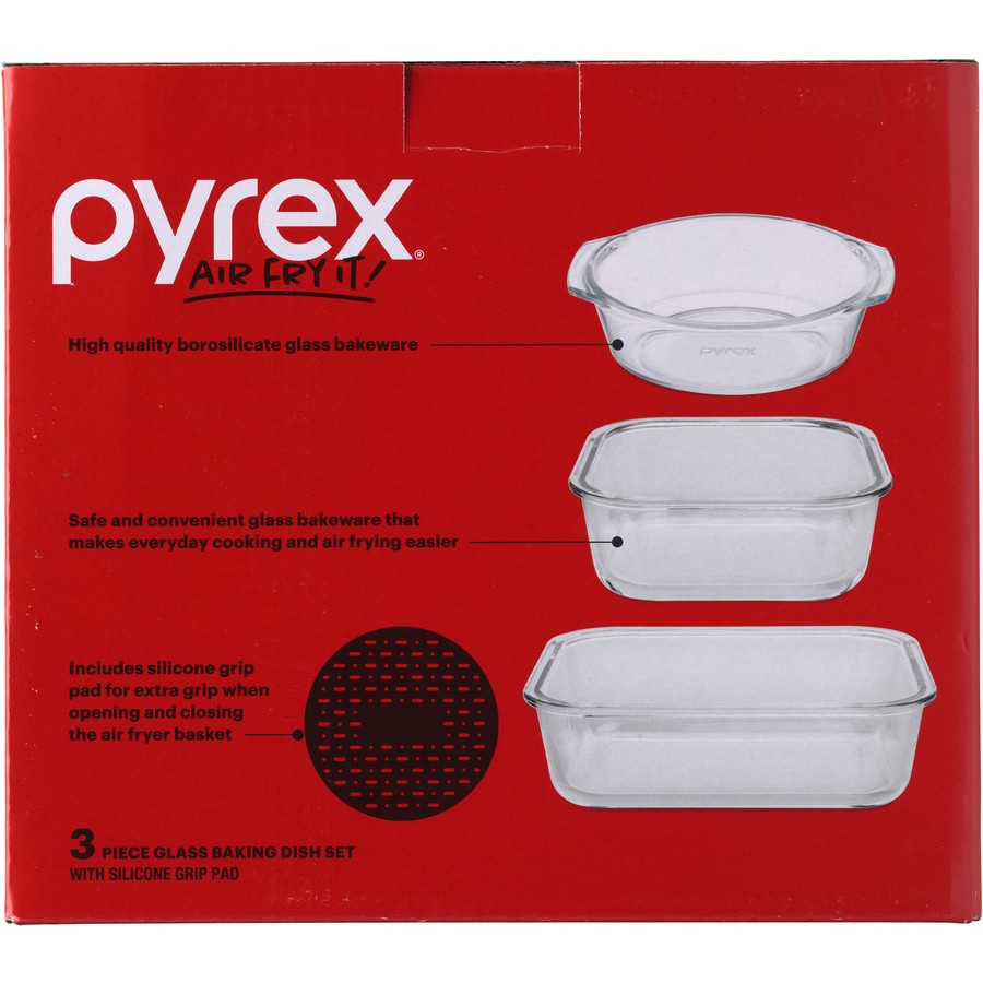 Pyrex Air Fryer Glass Baking Set | 3 Piece Set Bakeware Baking Dish Cooking Glassware | Includes Silicone Grip Pad