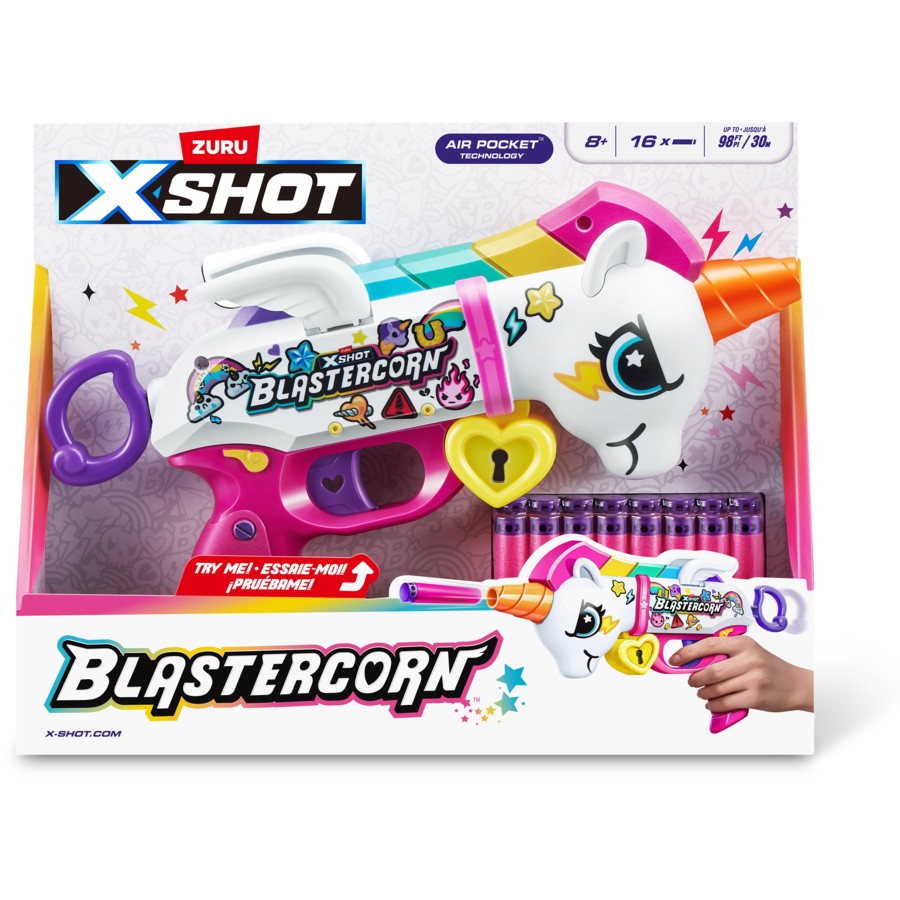 ZURU XSHOT Blastercorn Unicorn Blaster 16 Darts | Blastercorn | Unicorn Theme | Air Pocket Technology | Foam Darts