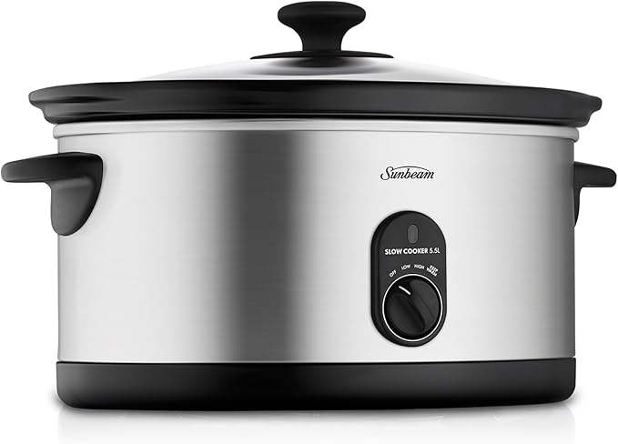 Sunbeam Slow Cooker | 5.5L Stainless Steel Stew Curry Maker | Removabe Cermic Crock Pot