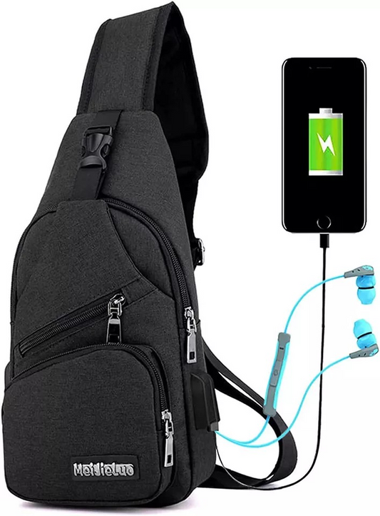 Men Chest Bag | Shoulder Backpack | Sling Cross Body Satchel | Travel Outdoor USB Port | Black