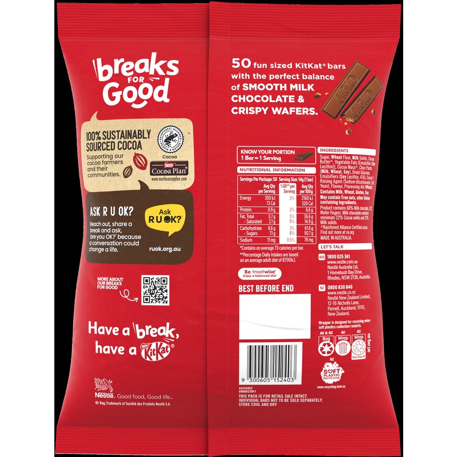 Kit Kat 50 x 14G Bulk Chocolate Pack | 50 Pack Kitkat Funsize Pack (700g) | Kids Office Client Lunchbox Treat Snack Party