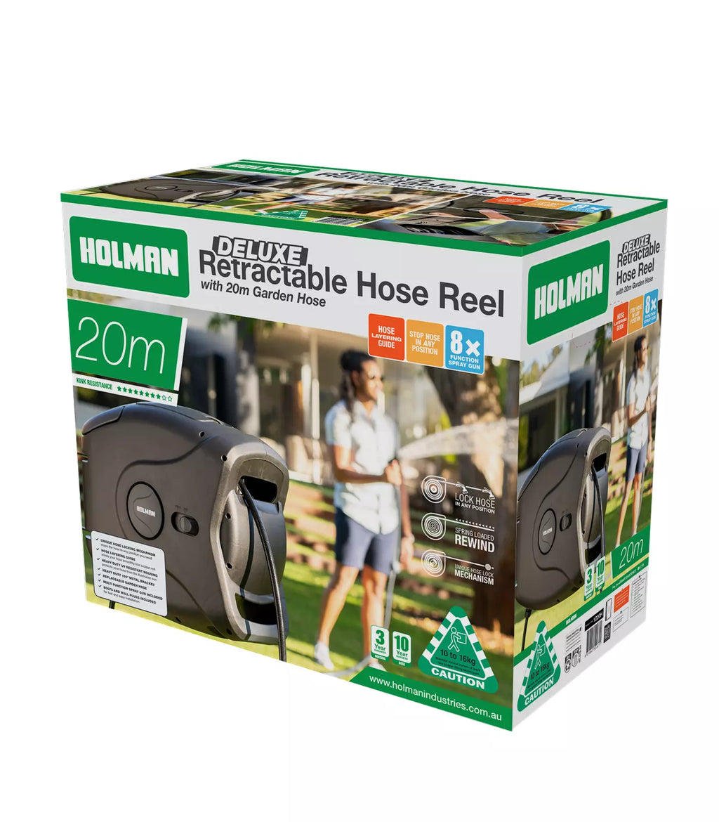 Holman 20m Retractable Garden Hose Reel | Swivel Bracket | Outdoor Gardening Watering w/ Spray Gun